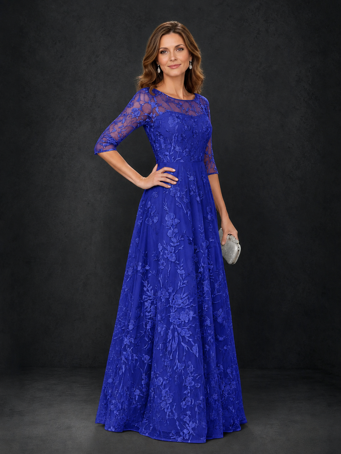 BOLODOO Royal Blue Illusion Bateau Neck 3/4 Sleeve Floral Lace A-Line Mother of the Bride Dress MX007 - Royal Blue