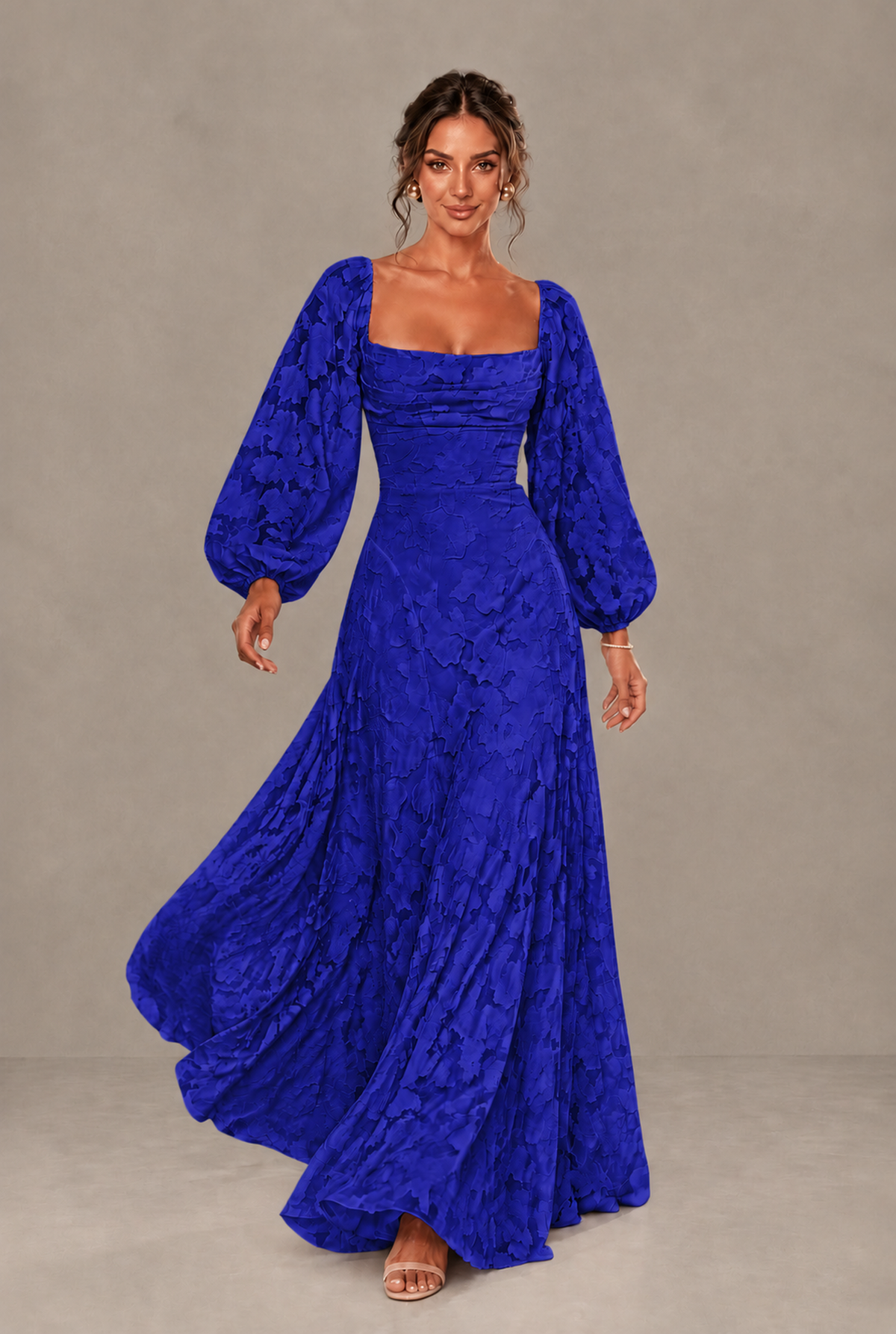 BOLODOO Floral Royal Blue Long Sleeve A-Line Dress with Lace-Up Back - Royal Blue