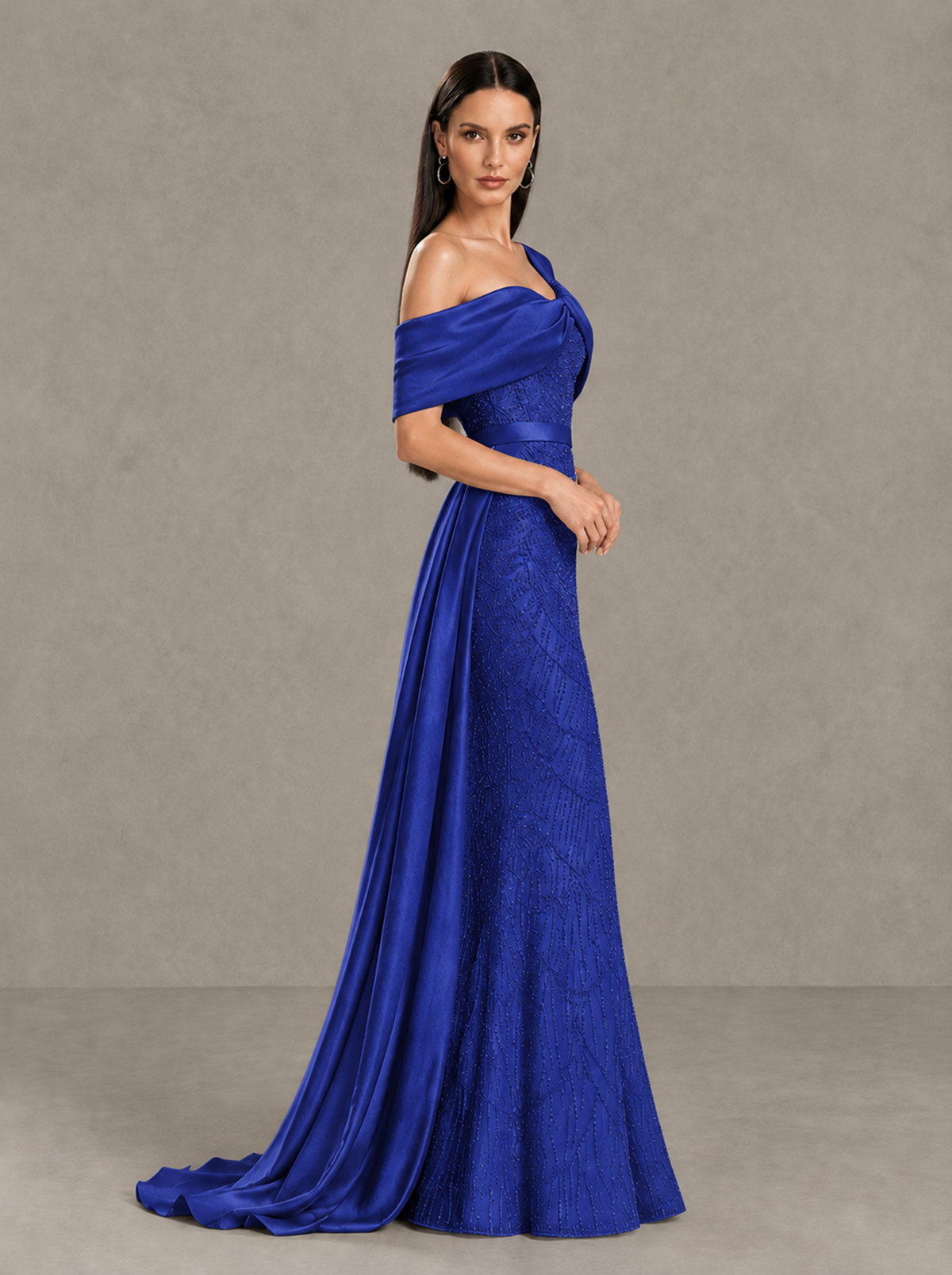 BOLODOO Royal Blue Asymmetric Draped Mermaid Evening Gown with Train - Royal Blue - Royal Blue (4)