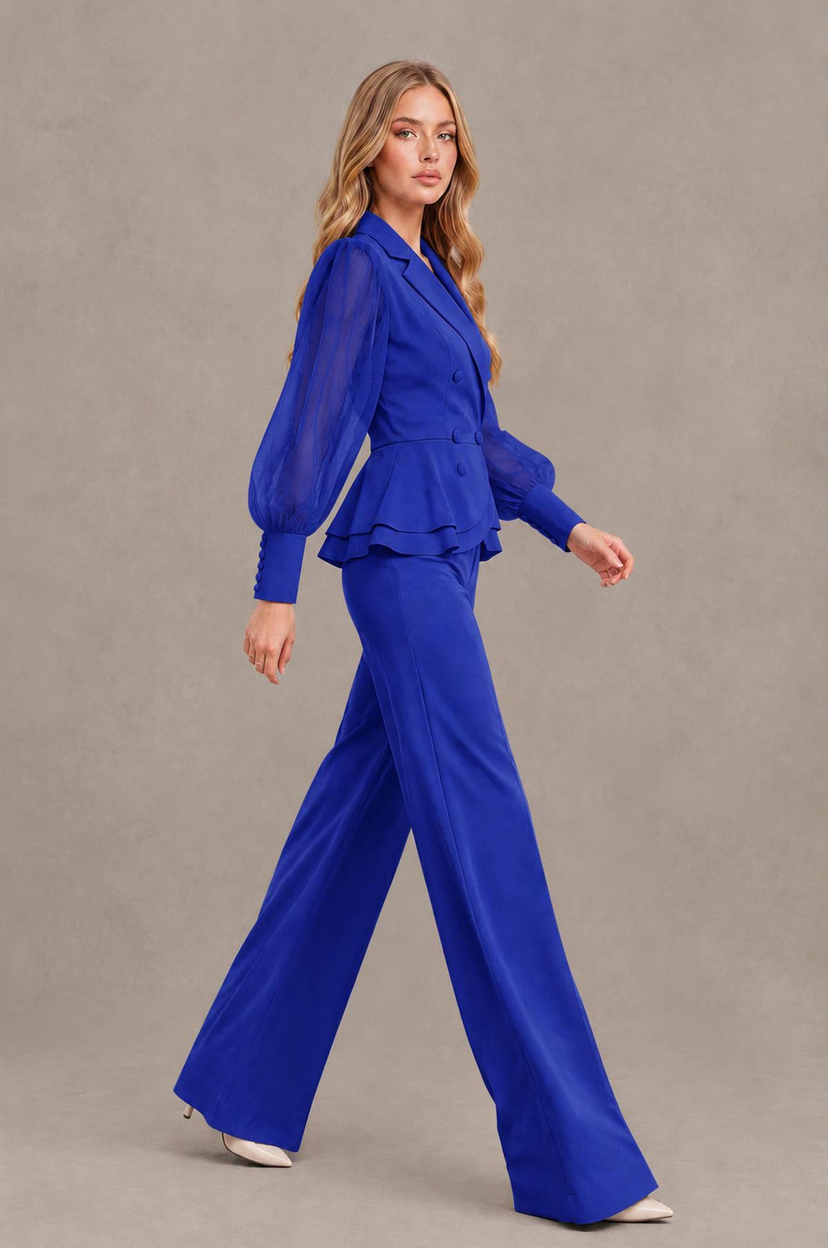 BOLODOO Mint Royal Blue Peplum Blazer Wide-Leg Pantsuit with Sheer Puff Sleeves - Royal Blue