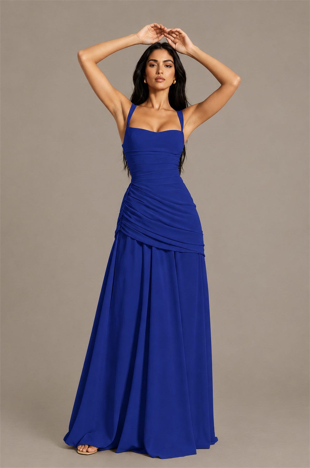 BOLODOO Square Neck Ruched A-Line Maxi Dress - Royal Blue Backless Evening Gown - Royal Blue