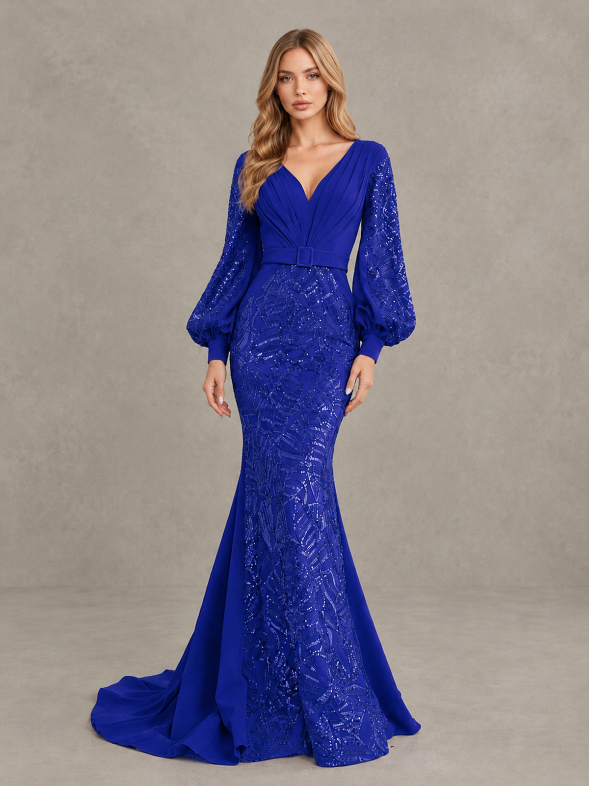 BOLODOO Royal Blue Sequin Long Bishop Sleeve Mermaid Evening Dress - Royal Blue - Royal Blue (4)