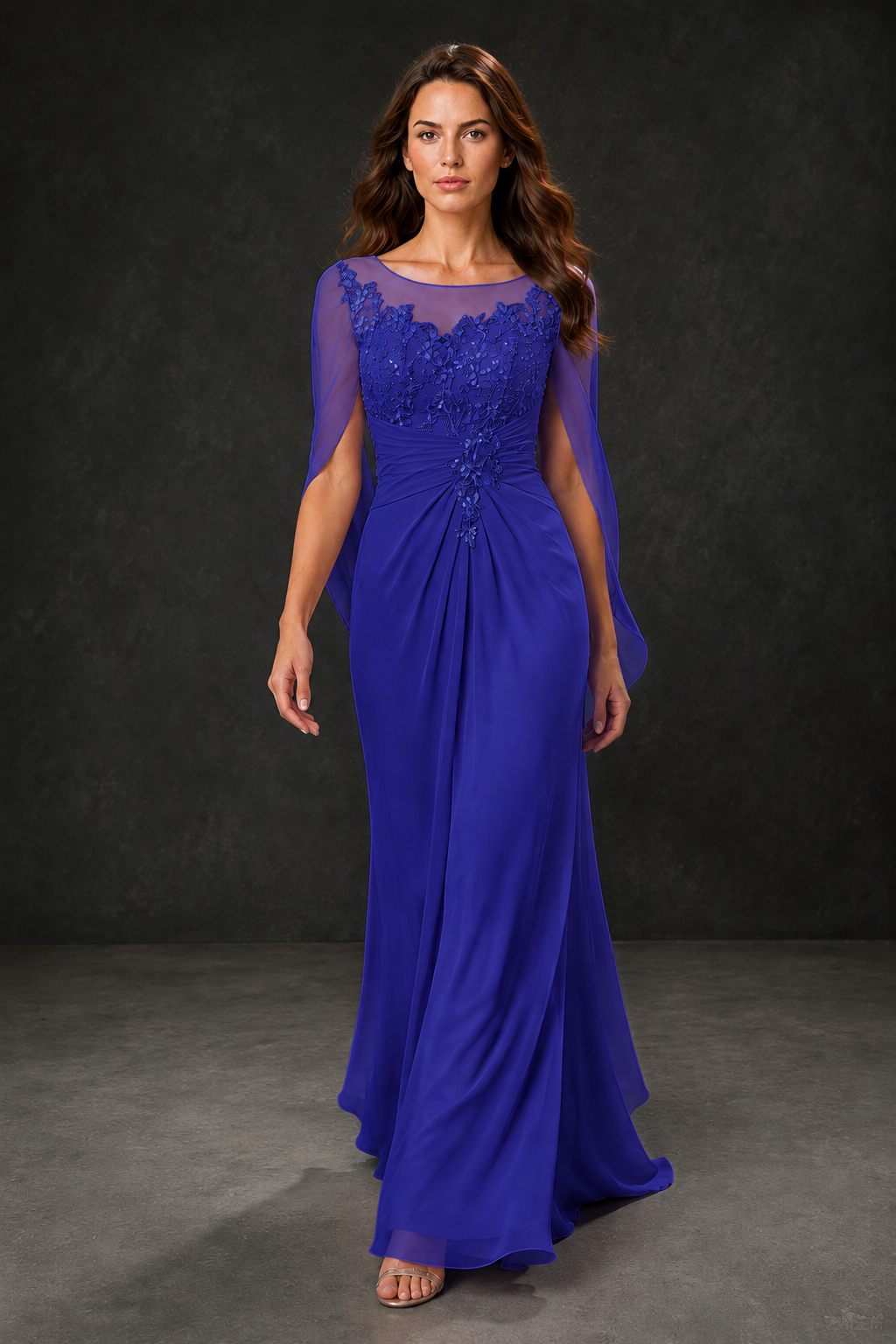 BOLODOO Royal Blue Illusion Lace One-Side Cape Sleeve Beaded Chiffon Floor Length Gown | Mother of the Bride Evening Dress - Royal Blue