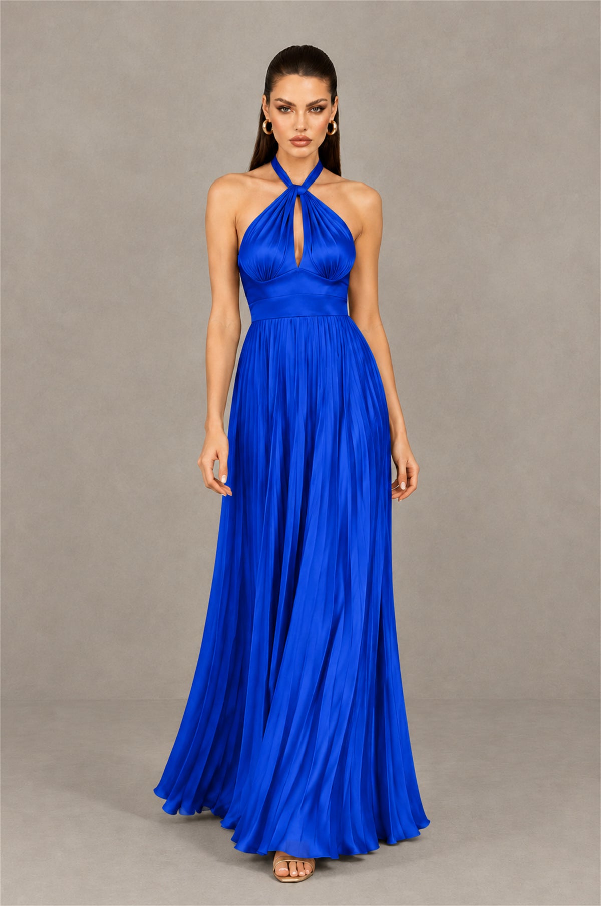 BOLODOO Royal Blue Halter Pleated A-Line Evening Dress - Royal Blue - Royal Blue (4)