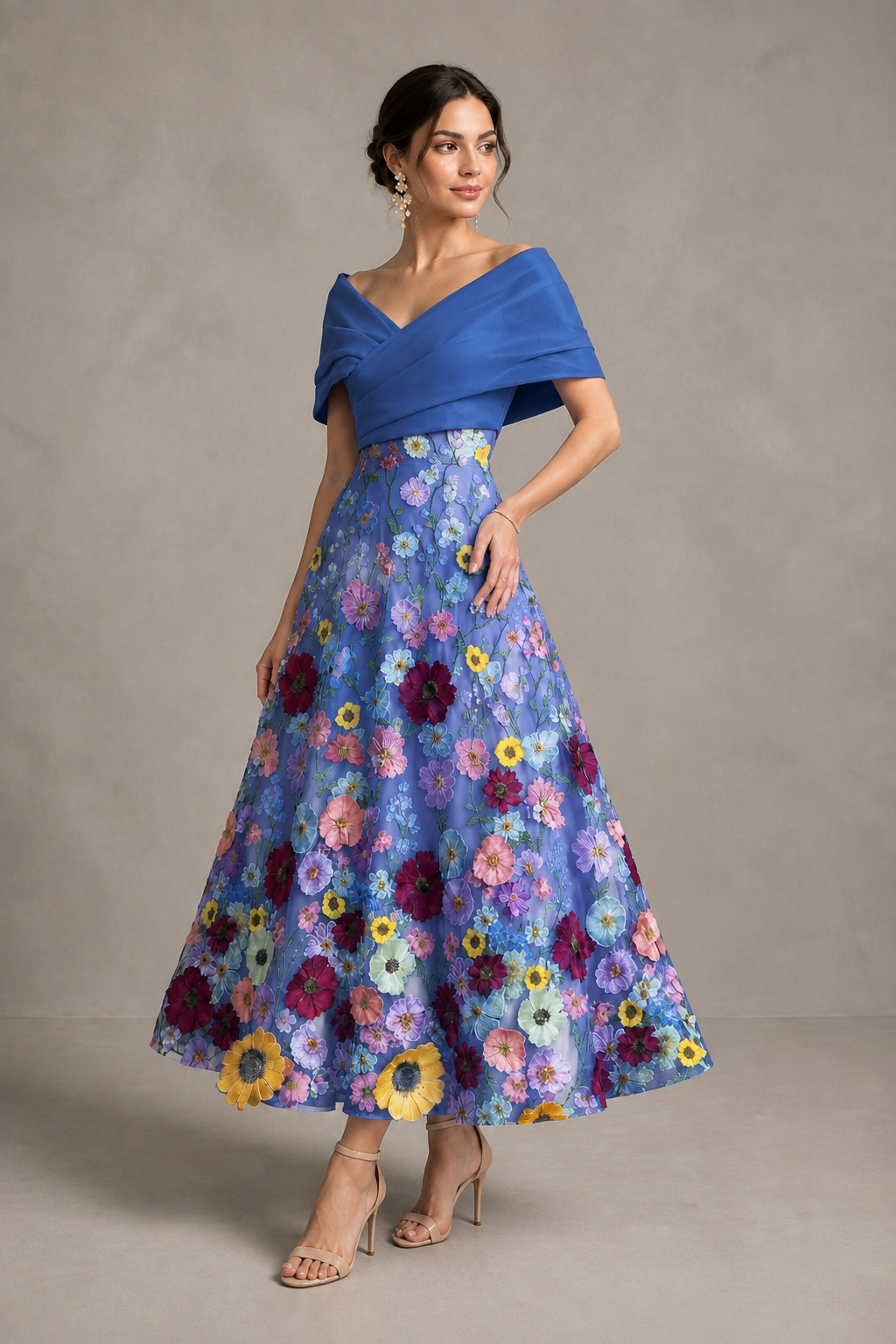 Royal Blue Off-Shoulder Satin & 3D Floral Embroidered Tulle Tea Length A-Line Dress - Royal Blue