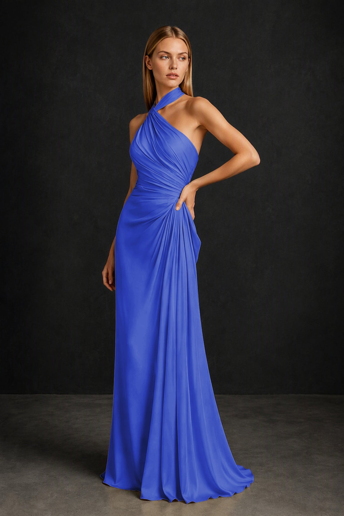 BOLODOO Royal Blue Twisted Halter Neck Ruched Sleeveless Open Back Floor-Length Gown - Royal Blue