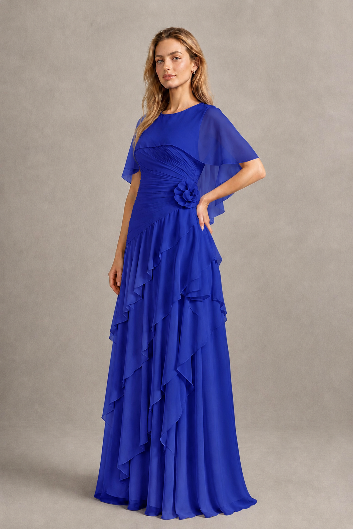 BOLODOO Royal Blue Chiffon Flutter Sleeve Tiered Maxi Dress with 3D Rosette - Royal Blue