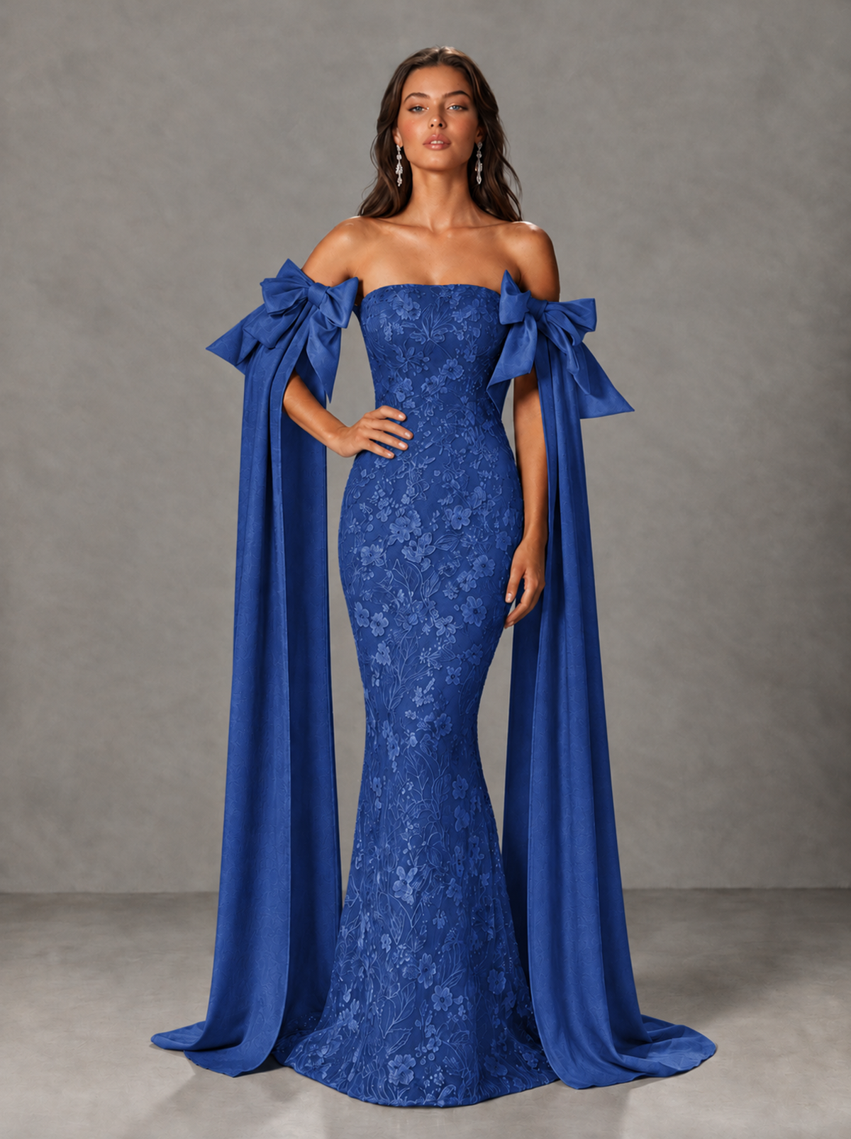 BOLODOO Royal Blue Floral Lace Mermaid Prom Dress with Off-Shoulder Bows - Royal Blue - Royal Blue (4)