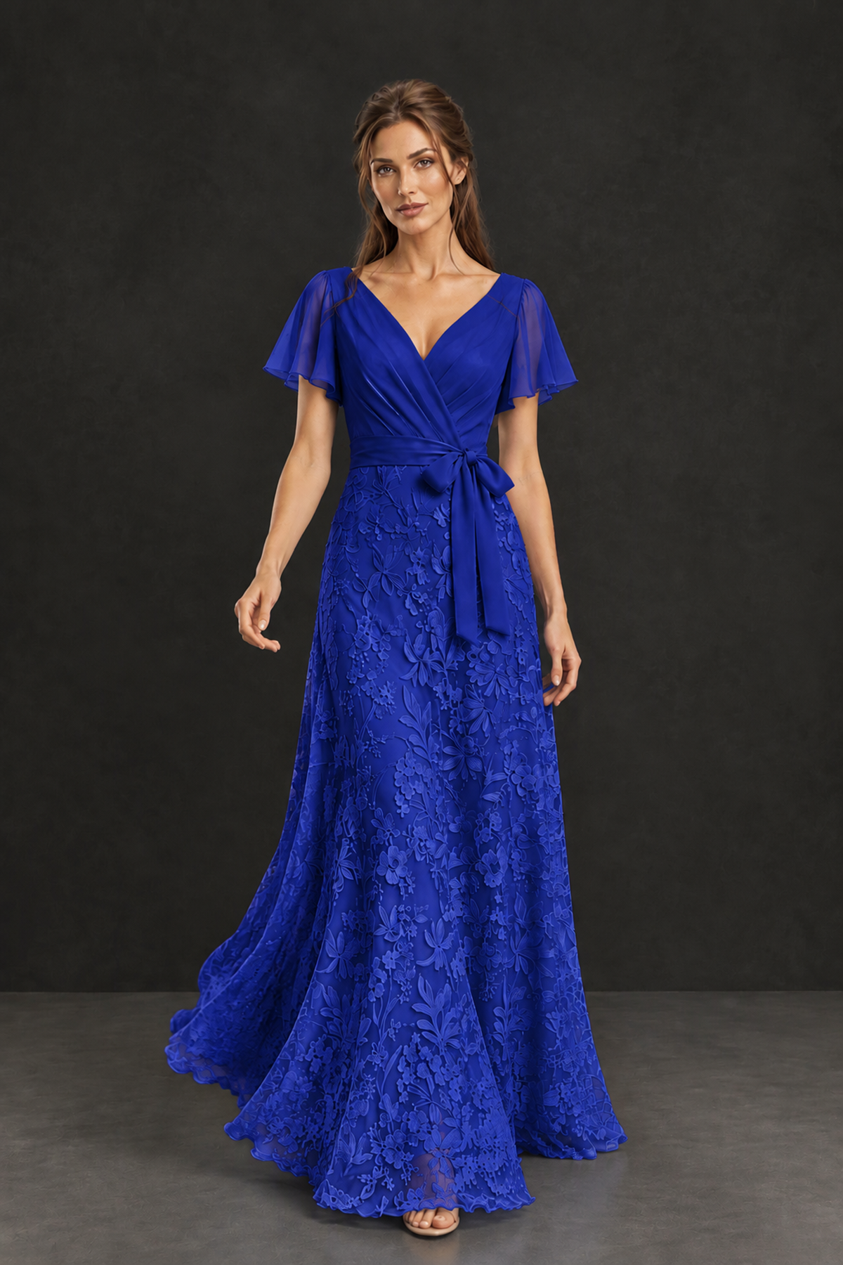 BOLODOO Royal Blue Flutter Sleeve Lace Mother of the Bride Dress - Royal Blue