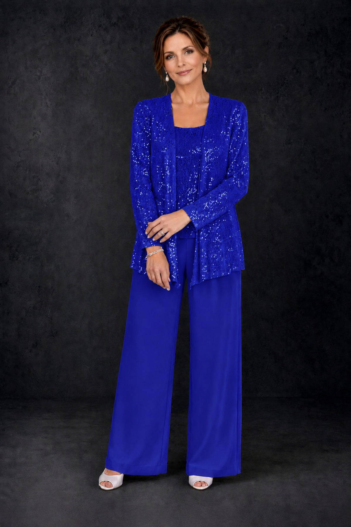 BOLODOO Royal Blue Sequin Lace 3-Piece Pant Suit with Long Sleeve Jacket - Royal Blue - Royal Blue (4)