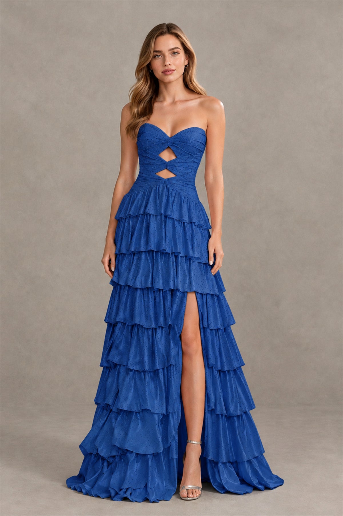 BOLODOO Royal Blue Strapless Cutout Tiered Ruffle Prom Dress with High Slit - Royal Blue - Royal Blue (4)
