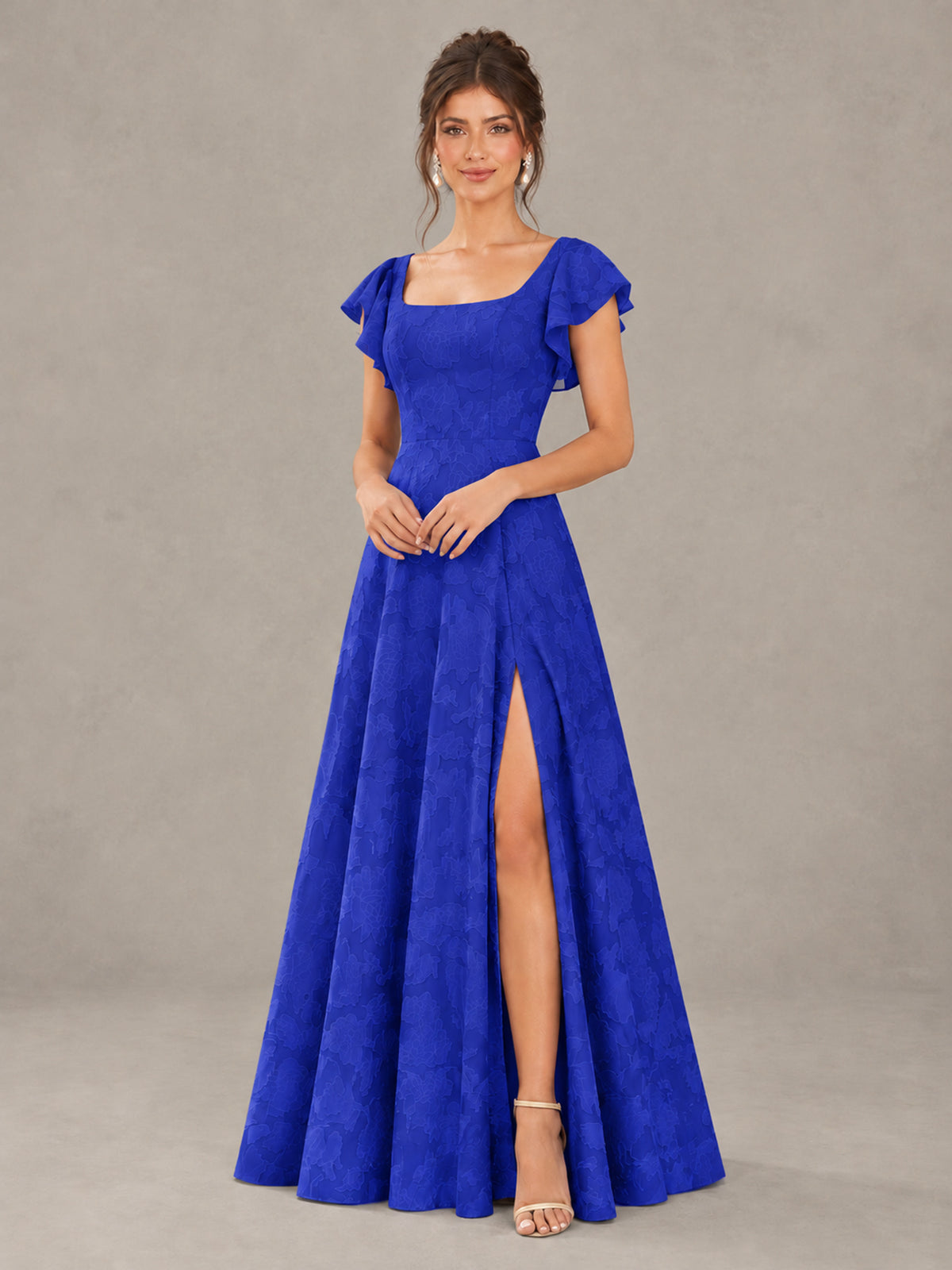 BOLODOO Royal Blue Floral Flutter Sleeve Bridesmaid Dress with Slit - Royal Blue - Royal Blue (4)