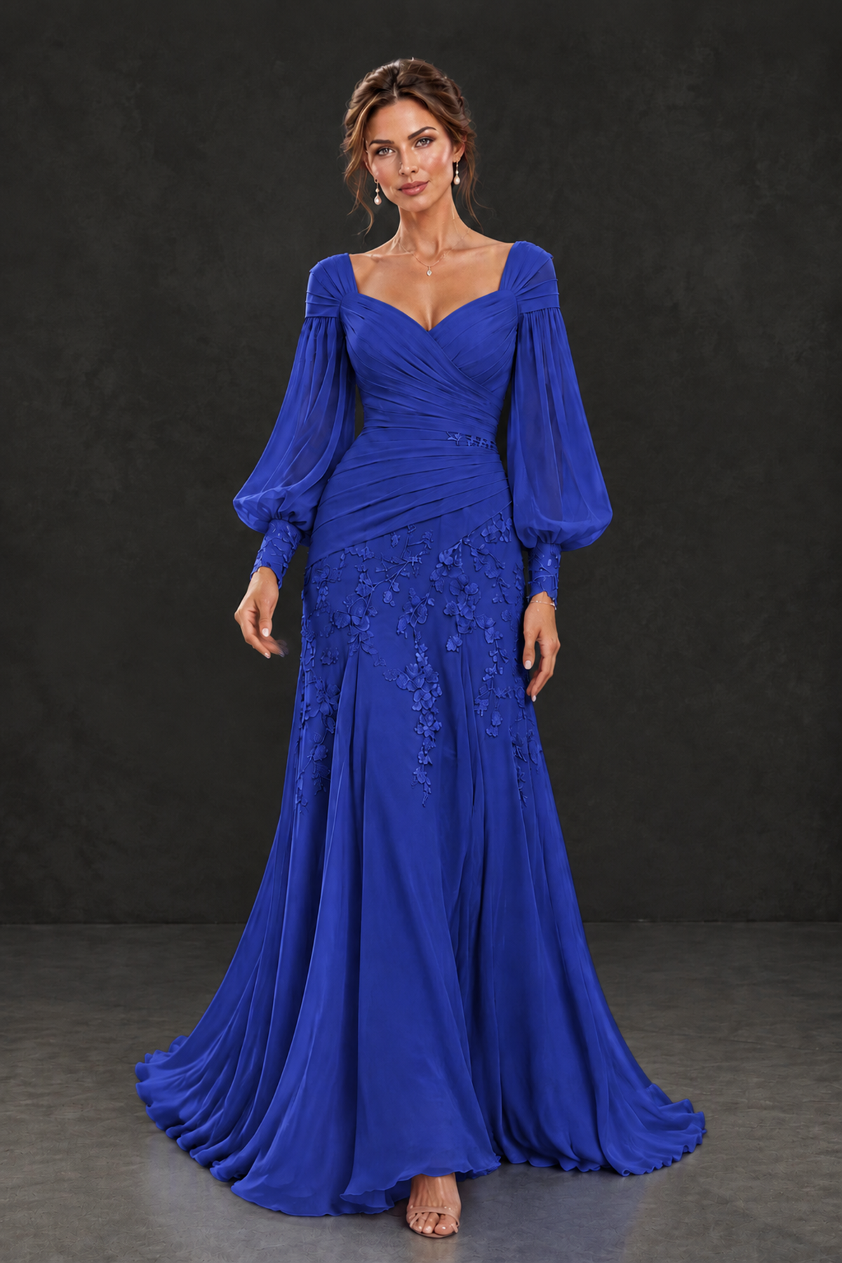 BOLODOO Royal Blue Long Sleeve Mother of the Bride Dress with Floral Appliqués - Royal Blue - Royal Blue (4)