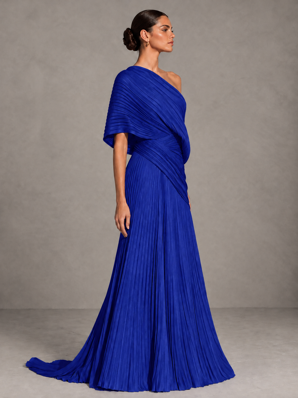 BOLODOO Royal Blue One-Shoulder Pleated Cape Evening Gown with Train - Royal Blue - Royal Blue (4)