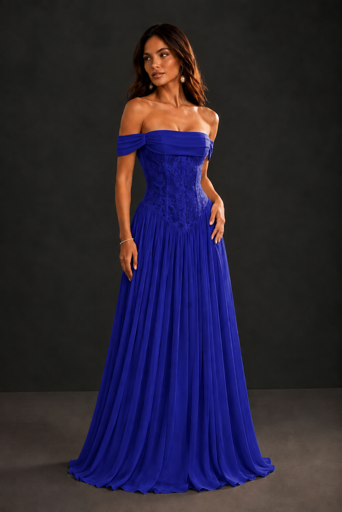 BOLODOO Royal Blue Off-Shoulder Lace Corset Tulle Maxi Dress - Royal Blue