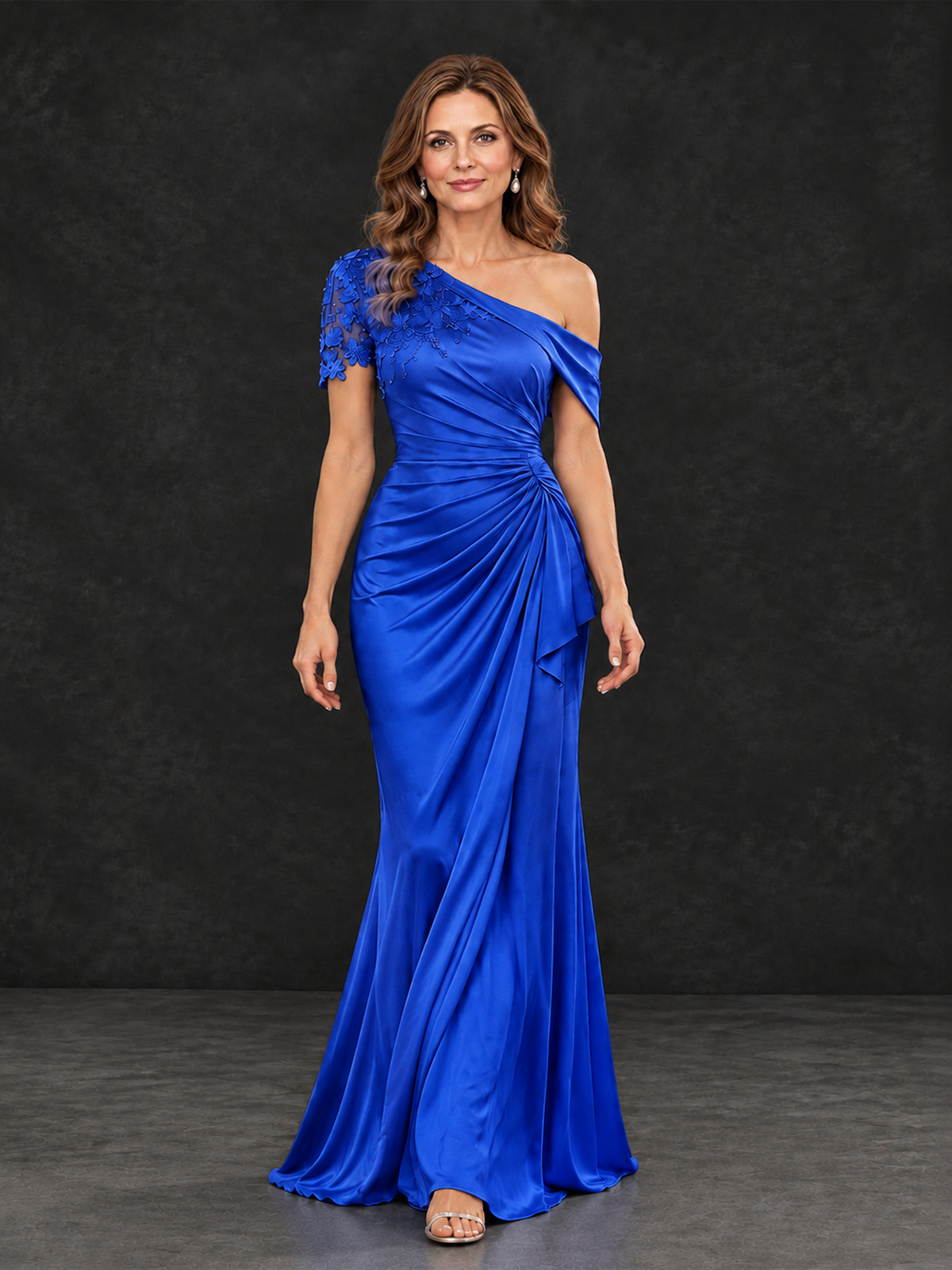 BOLODOO Royal Blue Asymmetric Satin Mother of the Bride Dress with Lace Sleeve - Royal Blue - Royal Blue (4)