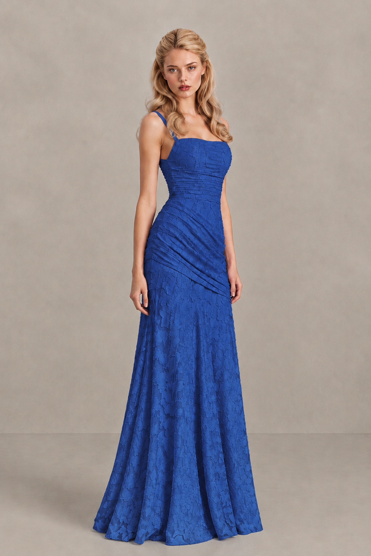 BOLODOO Royal Blue Ruched Floral Maxi Dress with Lace-Up Back - Royal Blue
