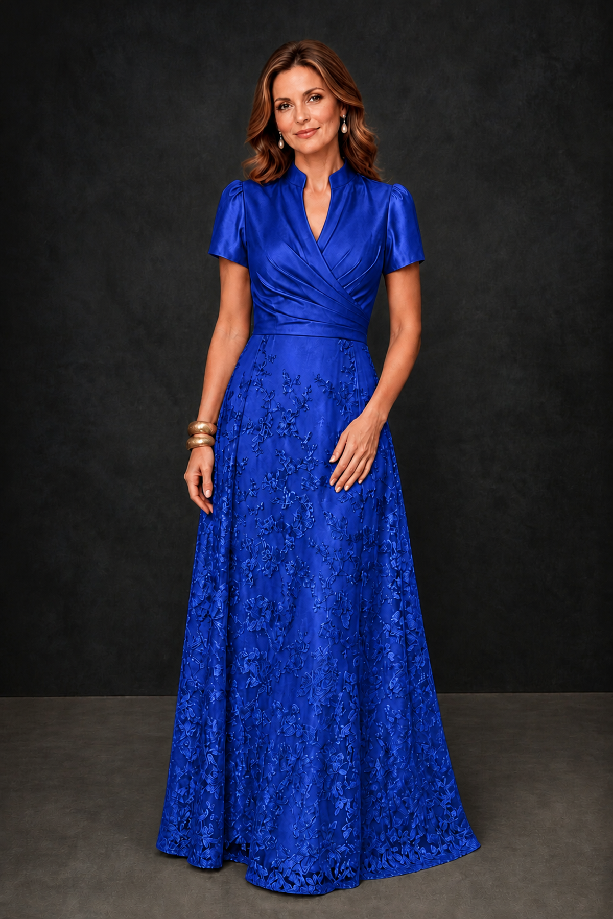 BOLODOO Royal Blue Satin Wrap V-Neck Short Sleeve Lace Glitter A-Line Floor Length Evening Gown – Formal Dress - Royal Blue - Royal Blue (4)