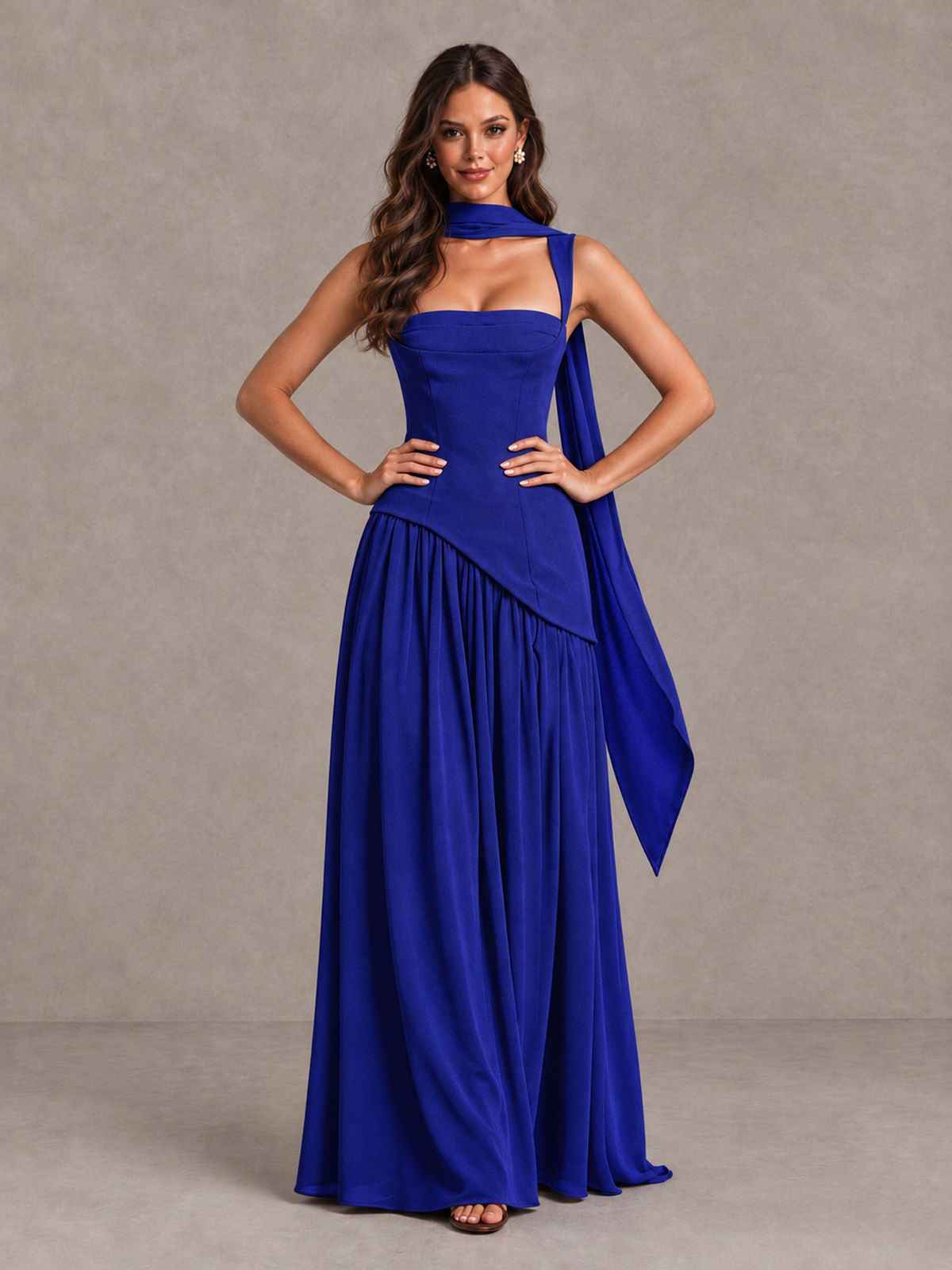 BOLODOO Royal Blue Brown Scarf Bridesmaid Dress with Lace-Up Back - Royal Blue - Royal Blue (4)