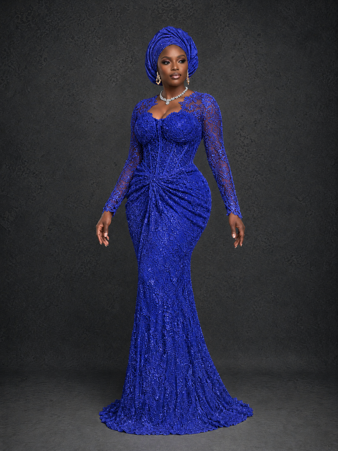 BOLODOO Royal Blue Beaded Lace Long Sleeve Mermaid Gown Sweetheart | Mother of the Bride - Royal Blue