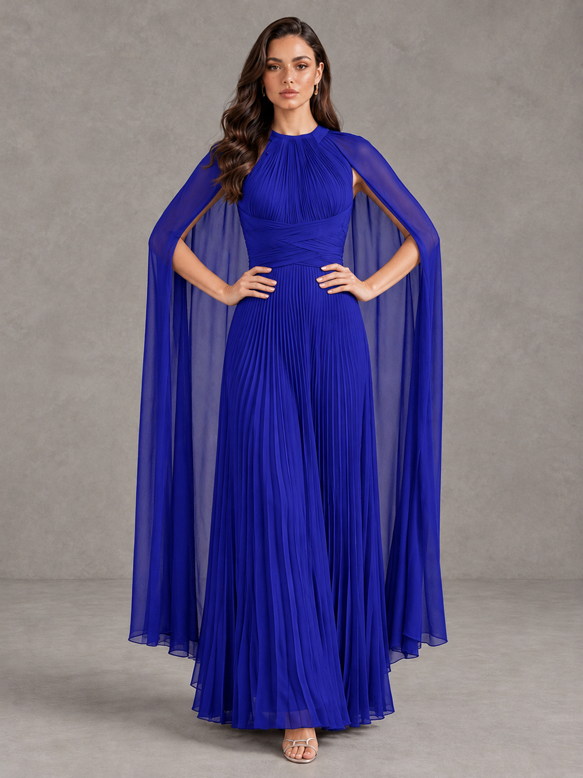 BOLODOO Royal Blue Pleated Cape Maxi Wedding Guest Dress - Royal Blue - Royal Blue (4)