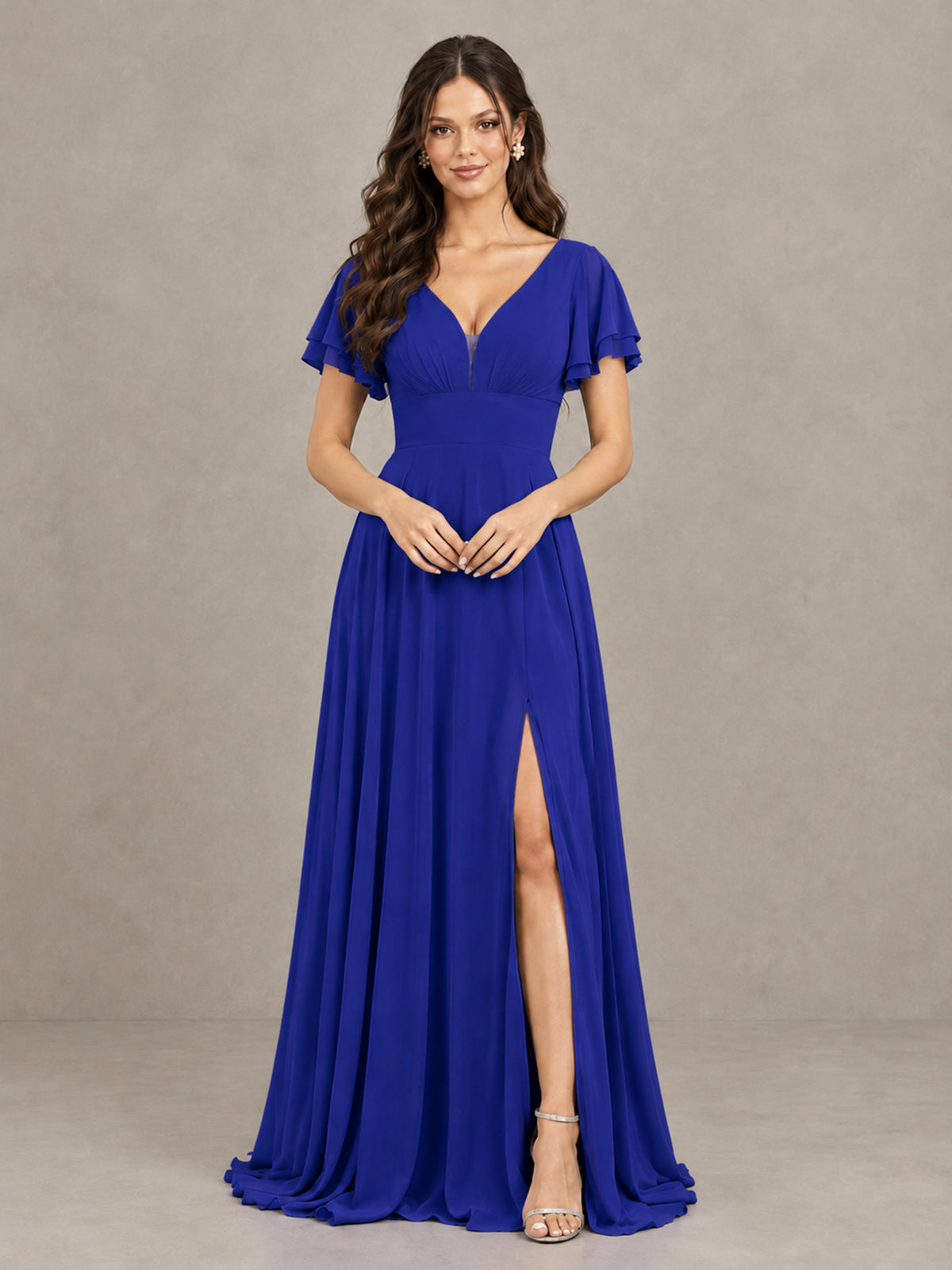 BOLODOO Royal Blue Flutter Sleeve Chiffon A-Line Maxi Bridesmaid Dress with Open Back & Slit - Royal Blue - Royal Blue (4)
