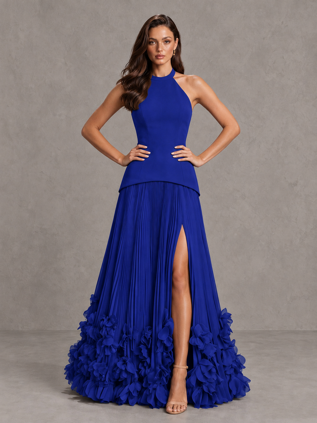 BOLODOO Royal Blue Halter Neck Floor-Length Evening Gown with High Slit & 3D Floral Hem - Royal Blue - Royal Blue (4)