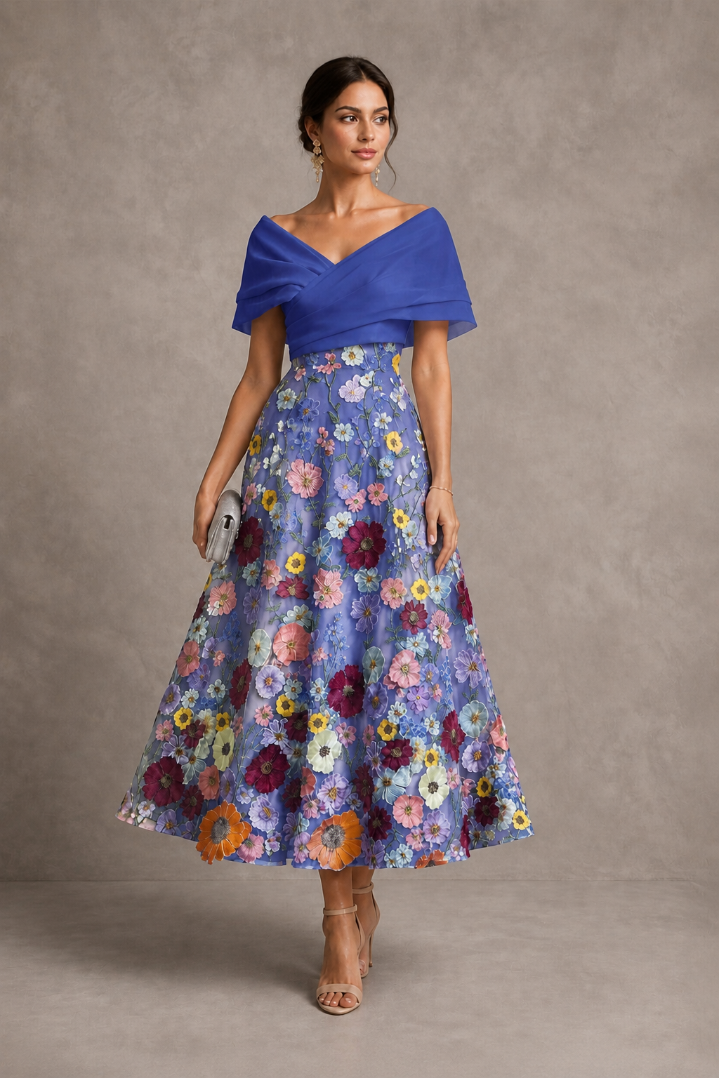 Royal Blue Off-Shoulder Satin & 3D Floral Embroidered Tulle Tea Length A-Line Dress - Royal Blue