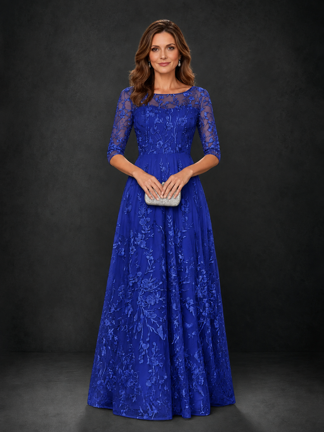 BOLODOO Royal Blue Illusion Bateau Neck 3/4 Sleeve Floral Lace A-Line Mother of the Bride Dress MX007 - Royal Blue