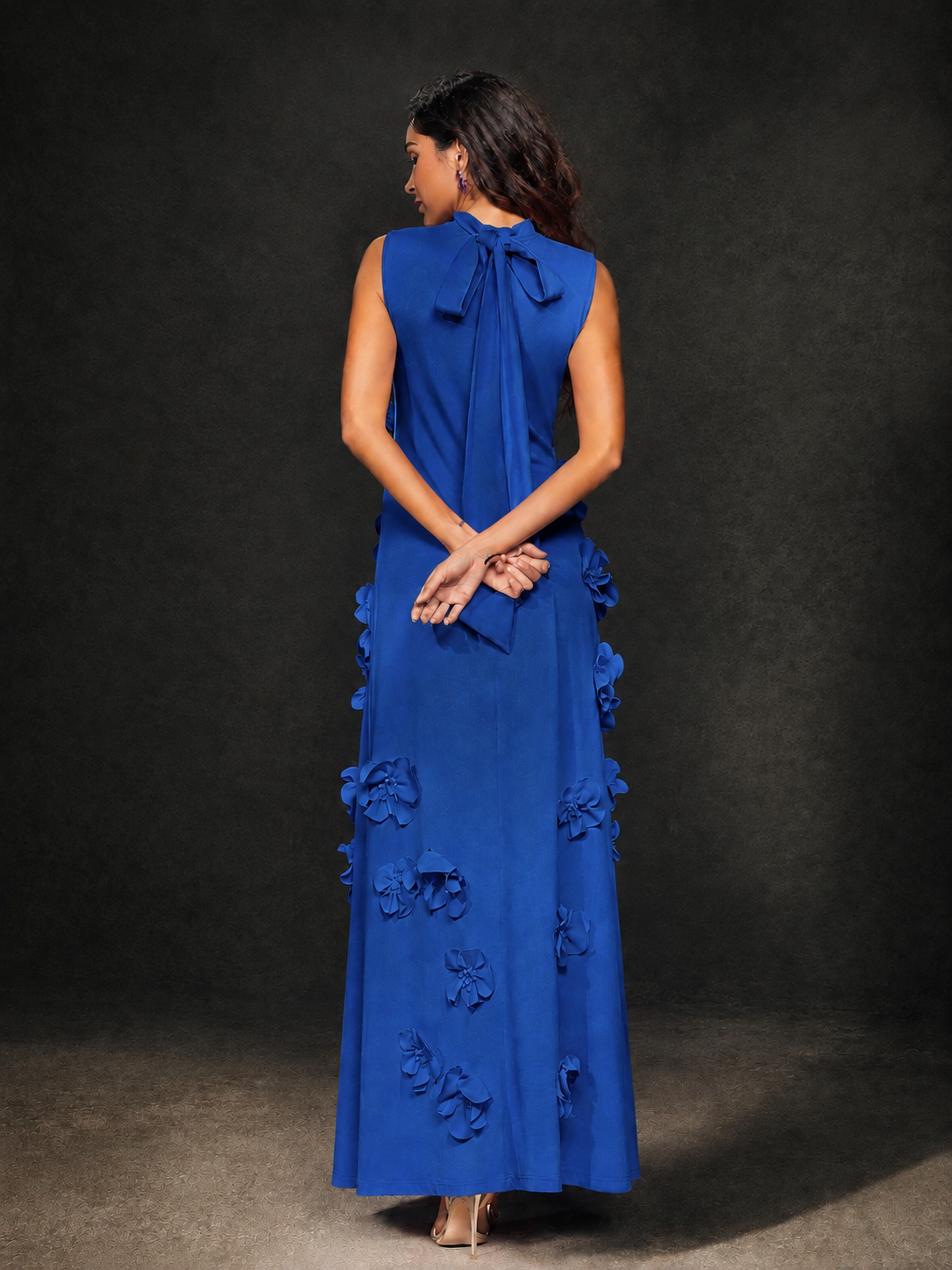 BOLODOO Royal Blue Mock Neck Sleeveless 3D Floral Appliqué Maxi Dress with Bow Back - Royal Blue