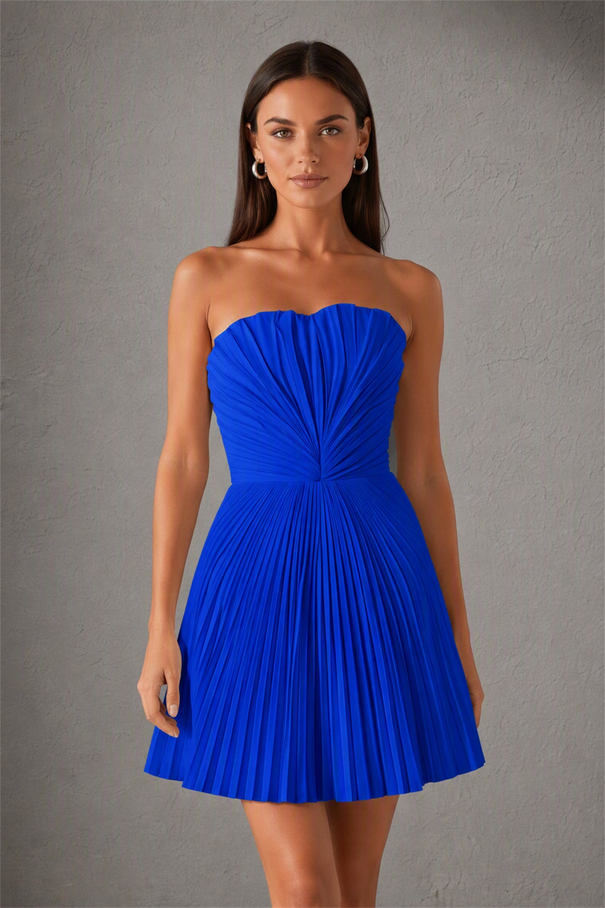 BOLODOO Royal Blue（1） Strapless Sweetheart Pleated Corset Mini Dress with Lace-Up Back - Royal Blue（1）