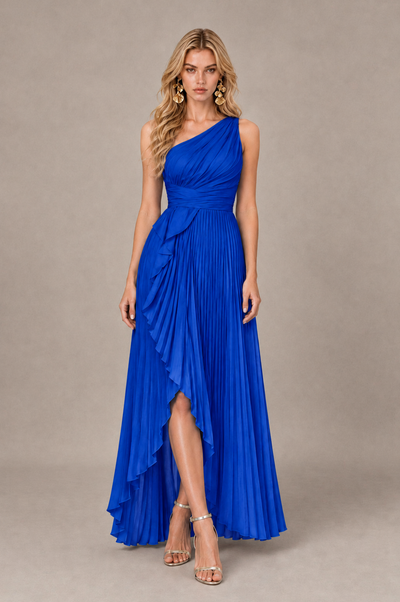 BOLODOO Royal Blue One-Shoulder High-Low Ruffle Maxi Dress 