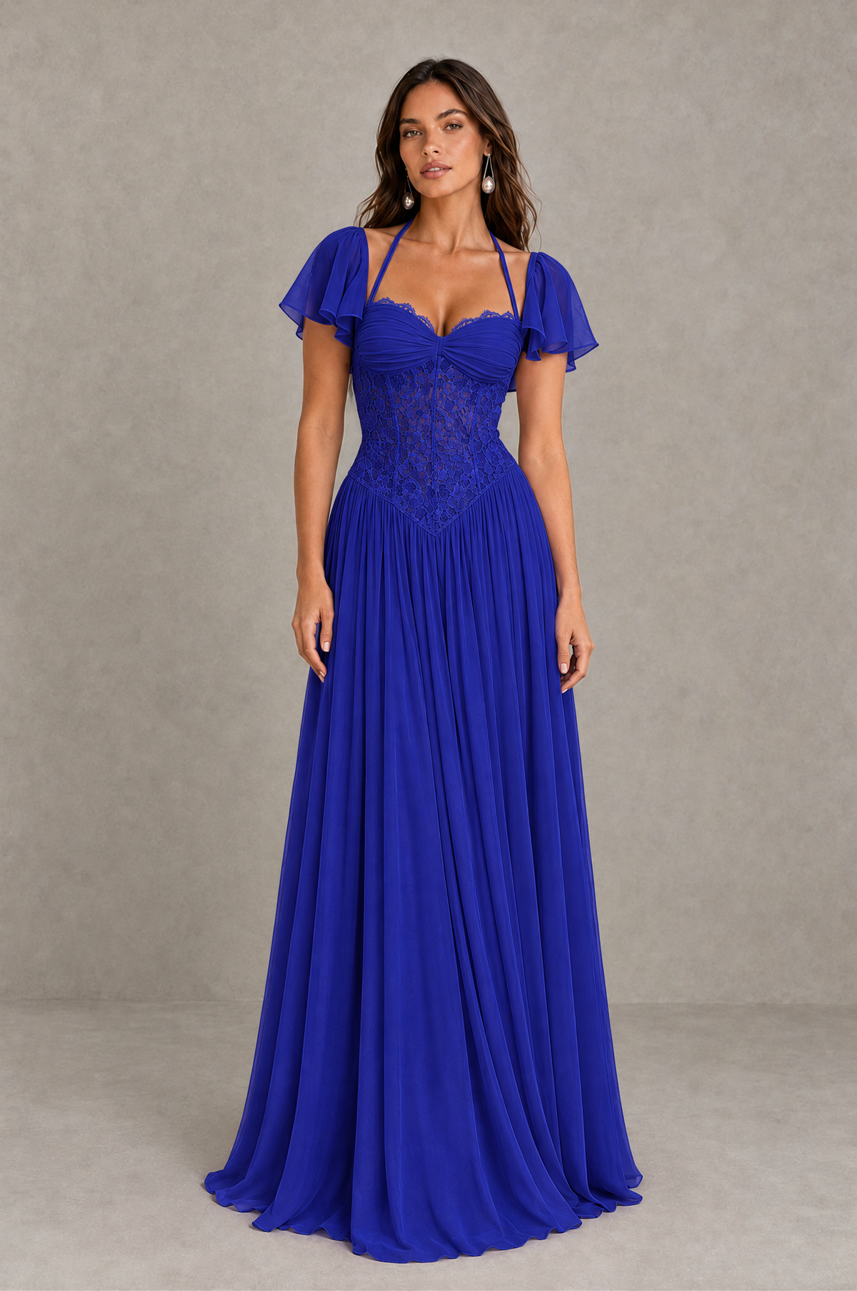 BOLODOO Royal Blue Flutter Sleeve Lace Corset A-Line Maxi Dress 
