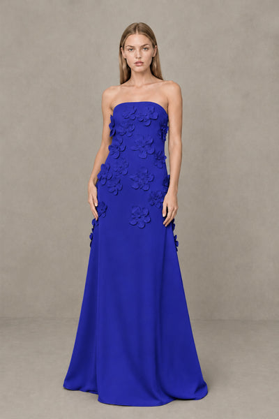 BOLODOO Royal Blue Strapless 3D Floral Appliqué Crepe Maxi Gown 