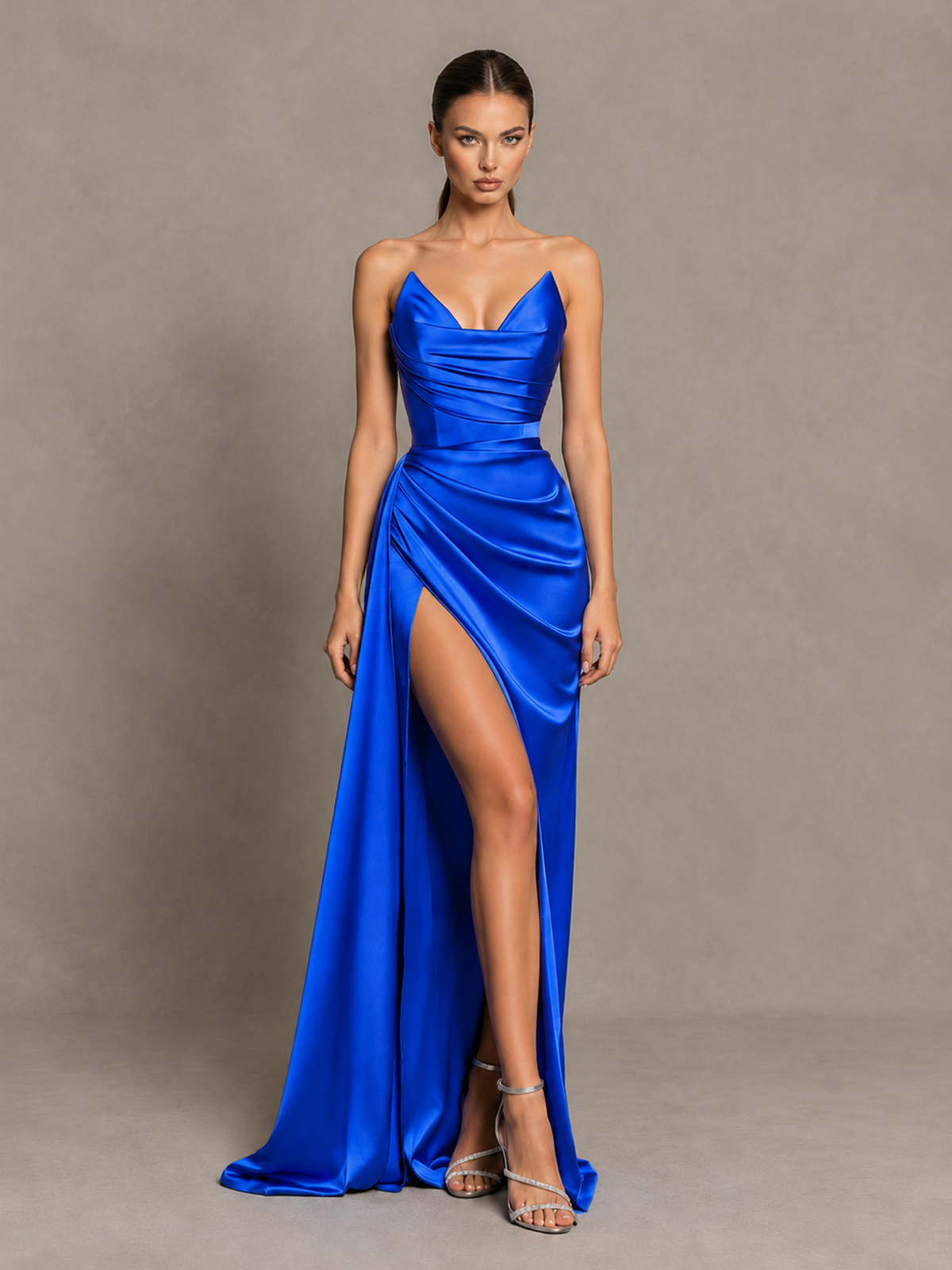 BOLODOO Royal Blue Strapless Satin High-Slit Lace-Up Prom Dress 