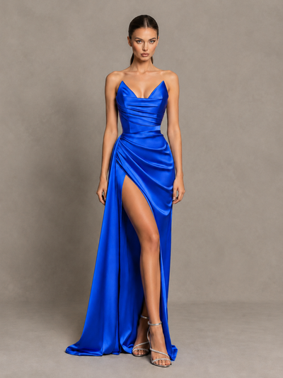 BOLODOO Royal Blue Strapless Satin High-Slit Lace-Up Prom Dress 