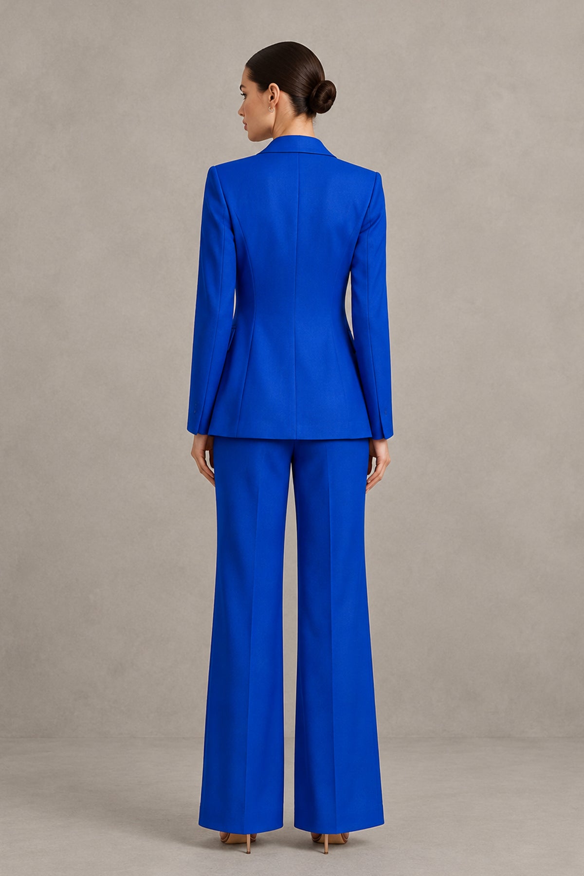 BOLODOO royal blue women's pantsuit back view showing covered-back blazer and wide-leg trousers