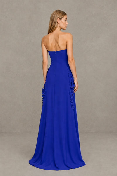 BOLODOO Royal Blue Strapless 3D Floral Appliqué Crepe Maxi Gown 