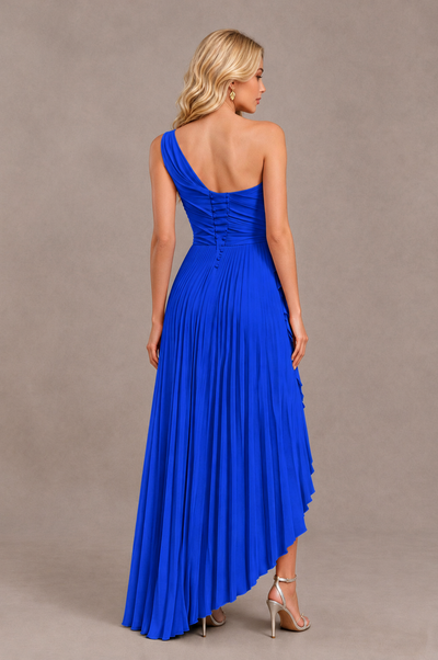 BOLODOO Royal Blue One-Shoulder High-Low Ruffle Maxi Dress 