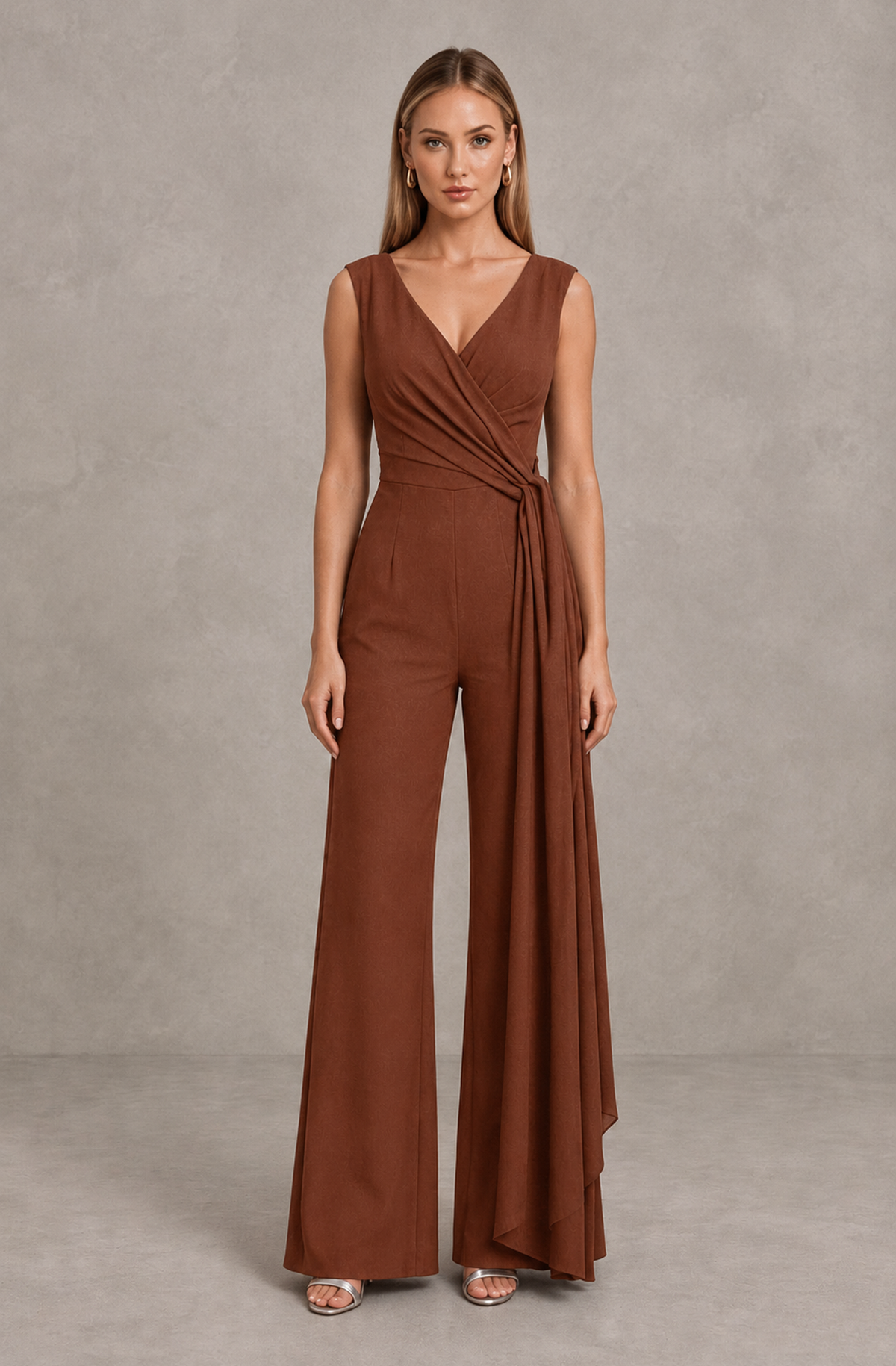 BOLODOO Rust Sleeveless V-Neck Wide-Leg Jumpsuit with Side Drape - Rust - Rust_01