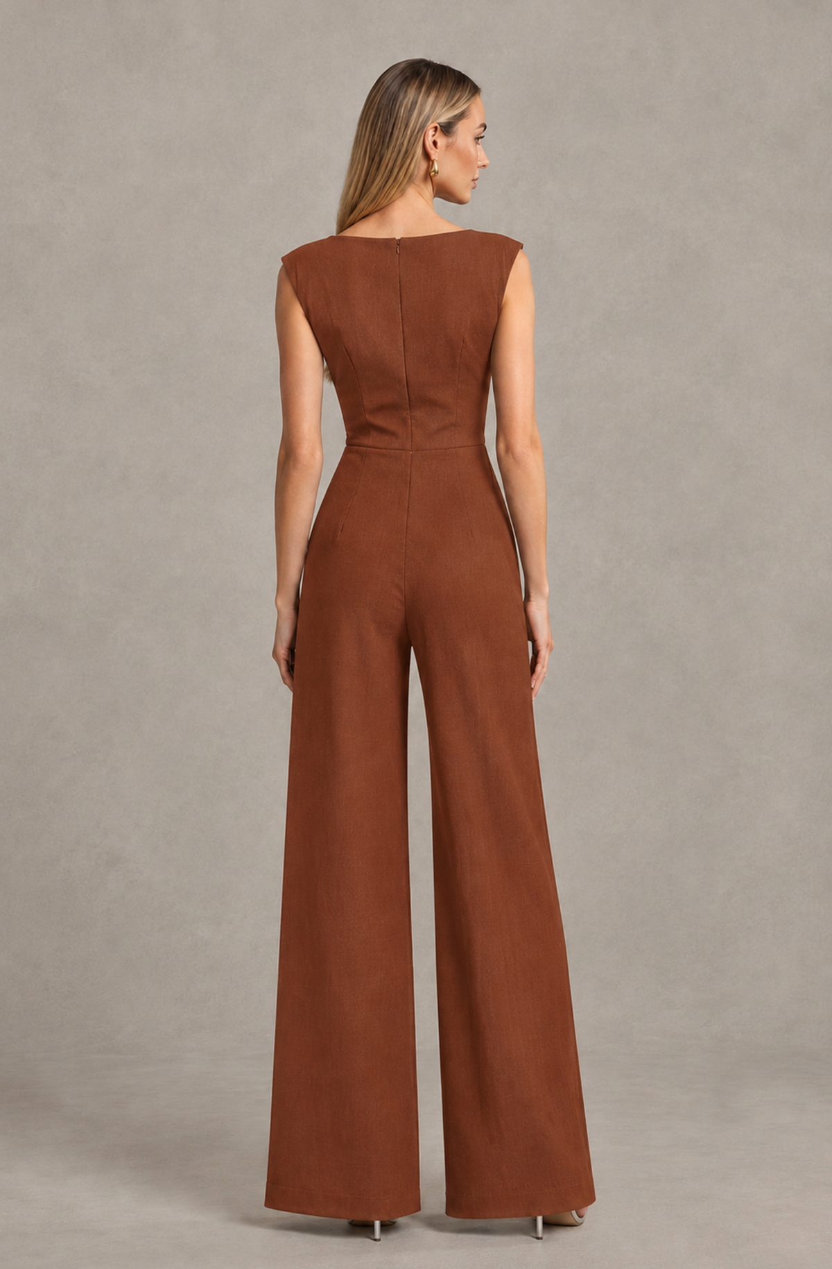 BOLODOO Rust Sleeveless V-Neck Wide-Leg Jumpsuit with Side Drape - Rust - Rust_02