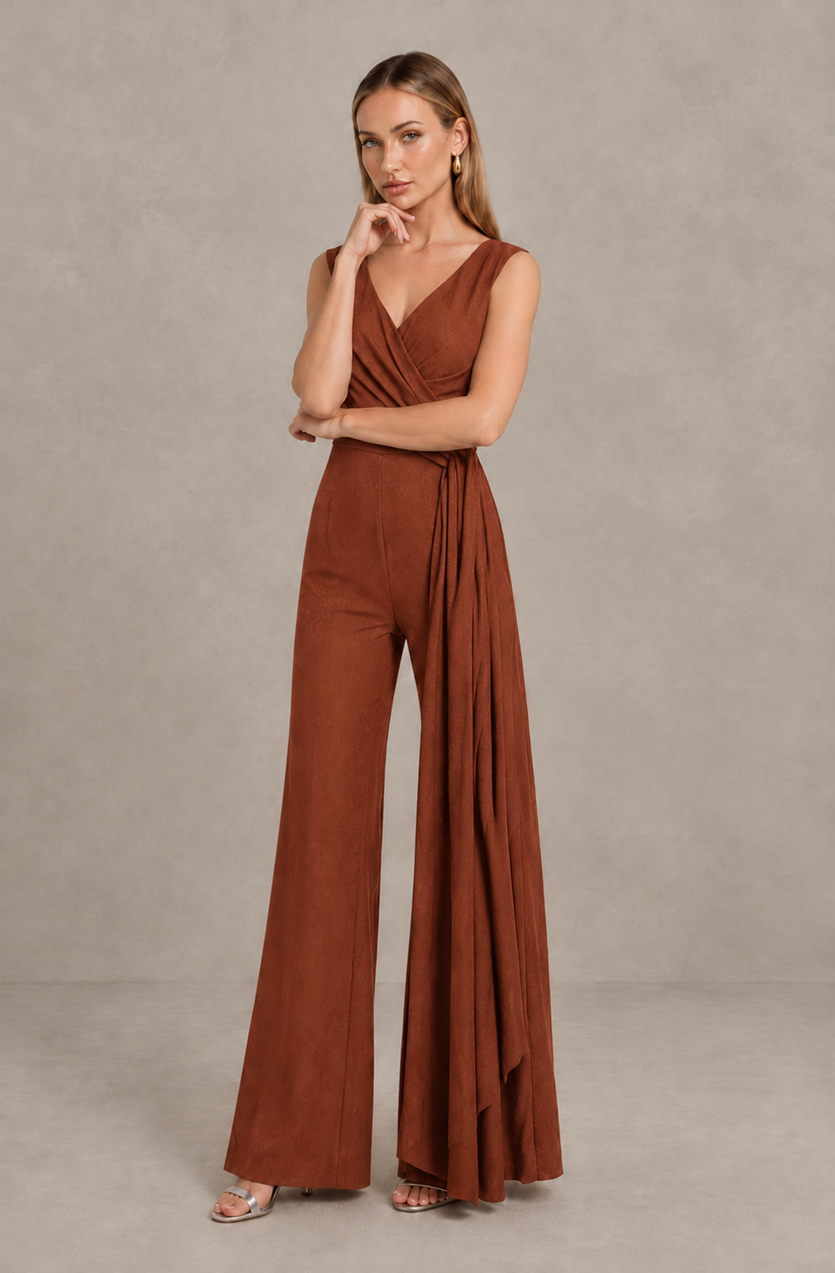 BOLODOO Rust Sleeveless V-Neck Wide-Leg Jumpsuit with Side Drape - Rust - Rust_03