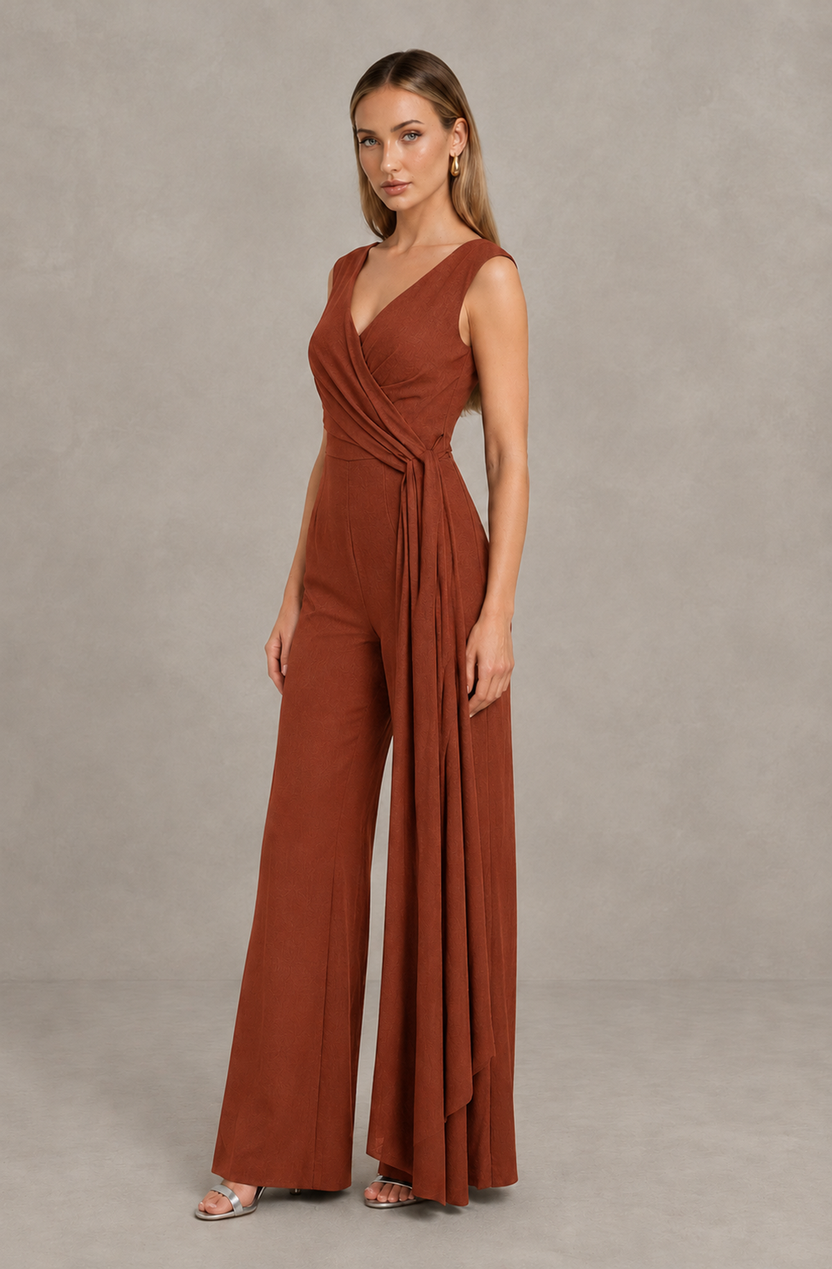 BOLODOO Rust Sleeveless V-Neck Wide-Leg Jumpsuit with Side Drape - Rust - Rust_04
