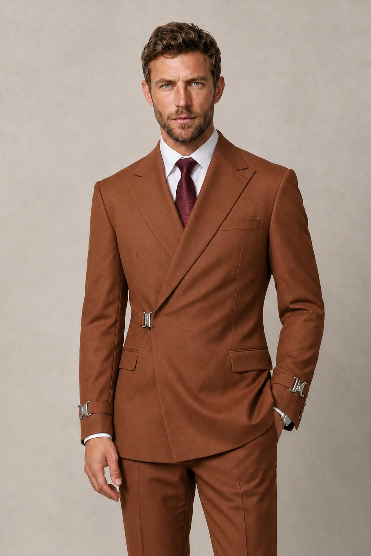 BOLODOO Men's Rust Double-Breasted 2-Piece Suit Set – Blazer & Tailored Trousers - Rust