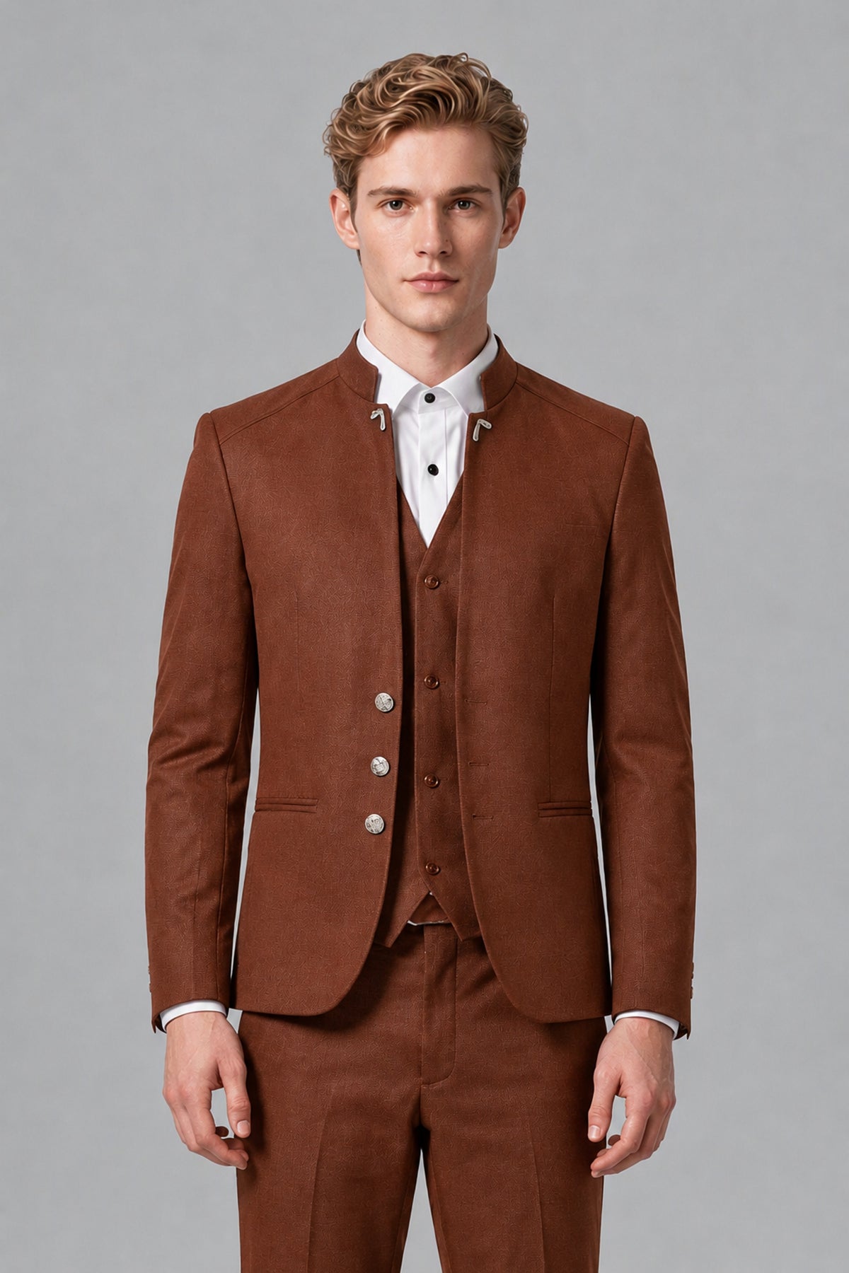 Bolodoo Men's Rust Mandarin Collar 3-Piece Suit – Jacket, Vest & Trousers - Rust - Rust_1