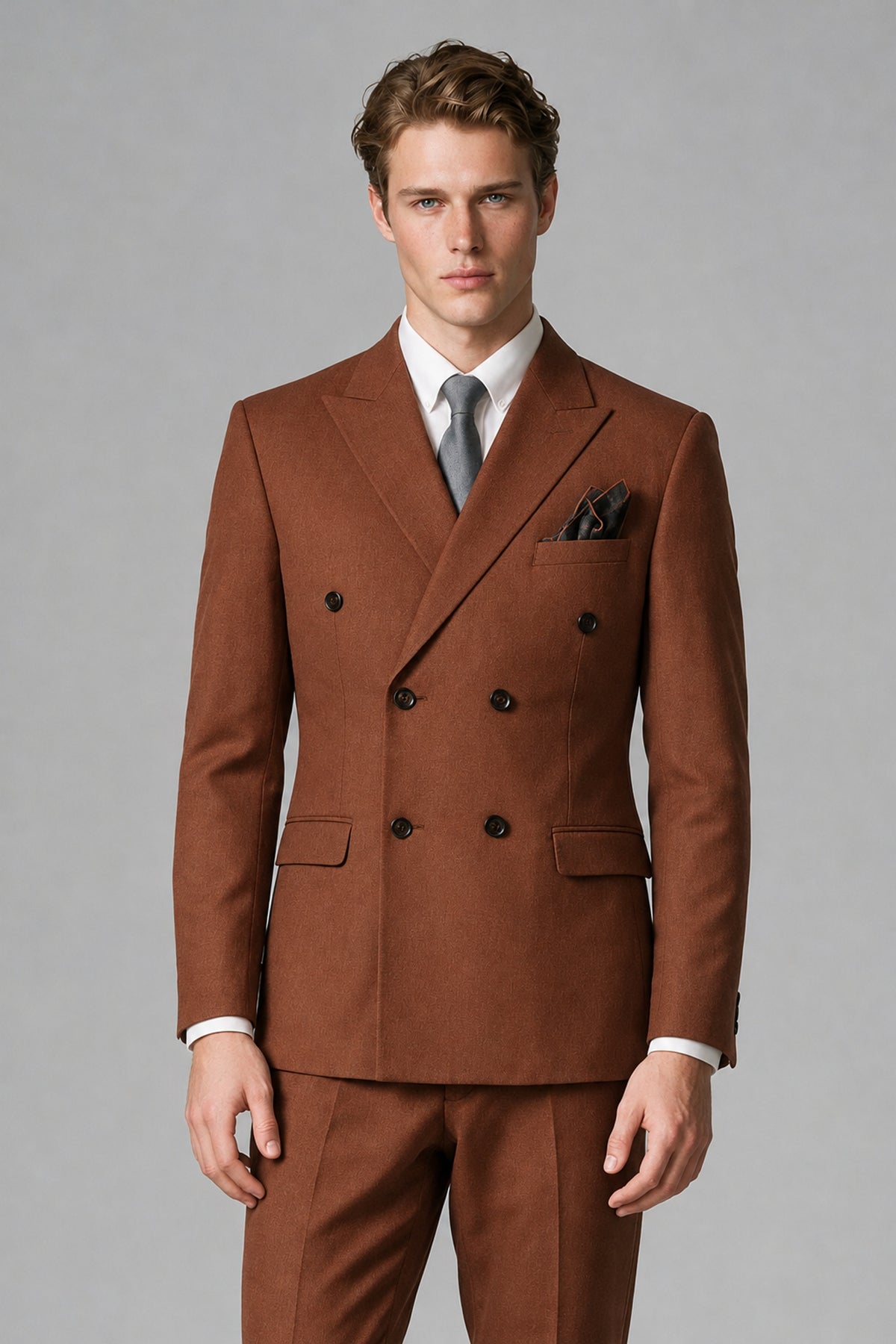 Bolodoo Men's Rust Double-Breasted Two-Piece Suit with Peak Lapels - Rust - Rust_1