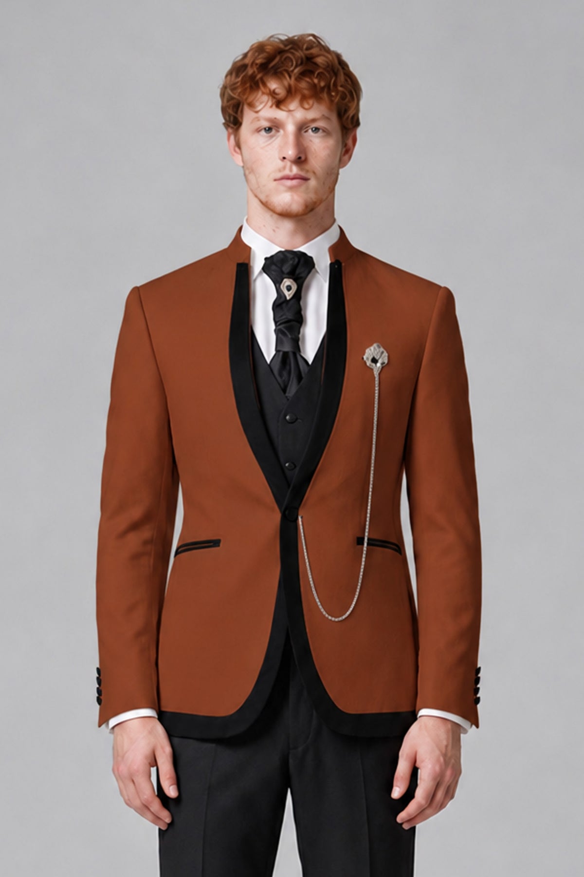 Bolodoo Men's Rust 3-Piece Shawl Lapel Tuxedo Suit with Vest - Rust - Rust_1