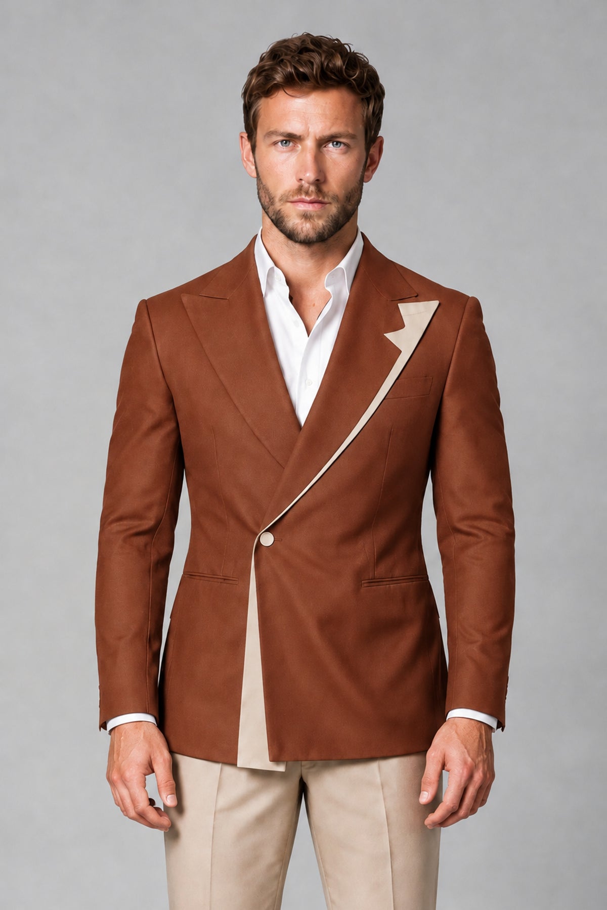 BOLODOO Men's Rust Double-Breasted Blazer & Khaki Trousers Tuxedo 2-Piece Suit Set - Rust - Rust_1