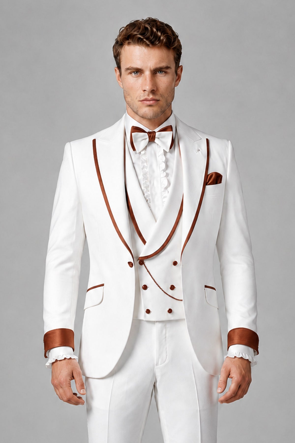 Bolodoo Men's White and Rust Three-Piece Wedding Tuxedo Suit - Rust - Rust_1