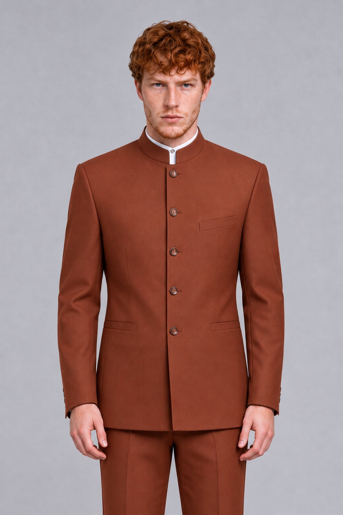BOLODOO Men's Rust Mandarin Collar Two-Piece Suit - Rust - Rust_1
